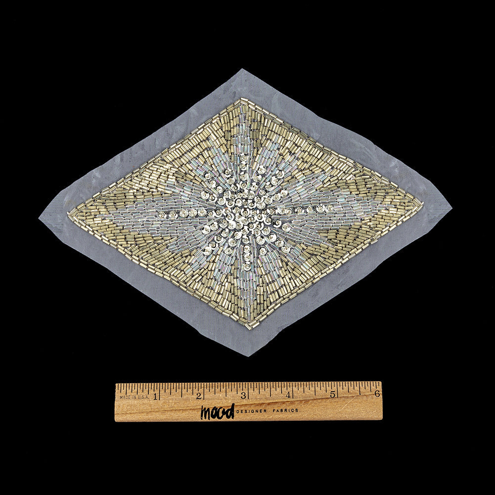 Vintage Silver Sequins, Crystal Iris and Silver-lined Beaded Diamond Applique - 8.25" x 5.5"