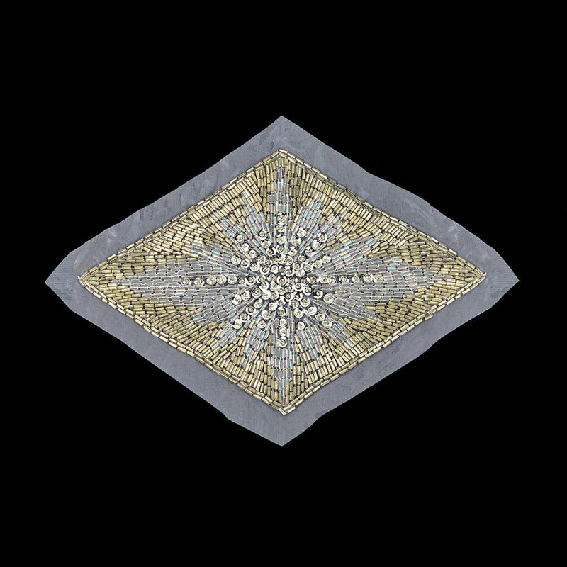 Vintage Silver Sequins, Crystal Iris and Silver-lined Beaded Diamond Applique - 8.25" x 5.5"