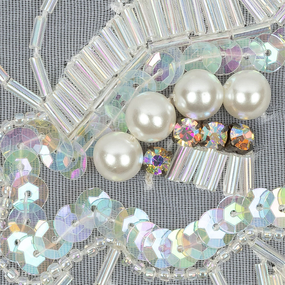 Vintage White and Crystal Iris Beaded and Sequins Abstract Sheer Panel Applique - 11.75" x 17.5"