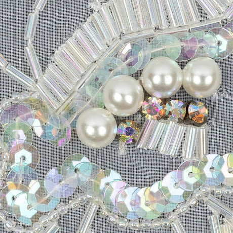 Vintage White and Crystal Iris Beaded and Sequins Abstract Sheer Panel Applique - 11.75" x 17.5"