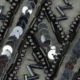 Vintage Black and Gunmetal Sequins and Zig-Zag Bugle Beaded Sheer Panel Applique - 13.5" x 9.375"