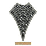 Vintage Black and Gunmetal Sequins and Zig-Zag Bugle Beaded Sheer Panel Applique - 13.5" x 9.375"