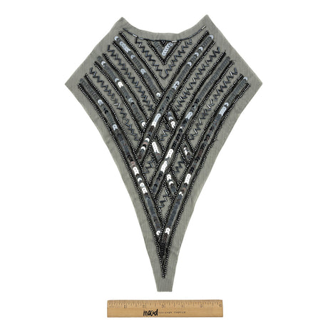 Vintage Black and Gunmetal Sequins and Zig-Zag Bugle Beaded Sheer Panel Applique - 13.5" x 9.375"