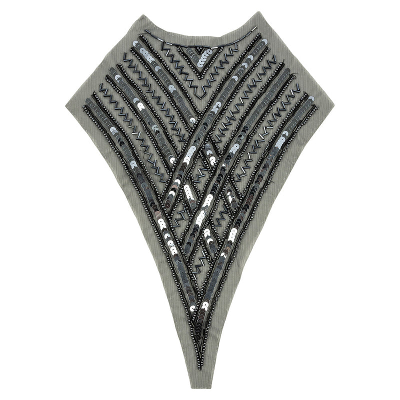 Vintage Black and Gunmetal Sequins and Zig-Zag Bugle Beaded Sheer Panel Applique - 13.5" x 9.375"