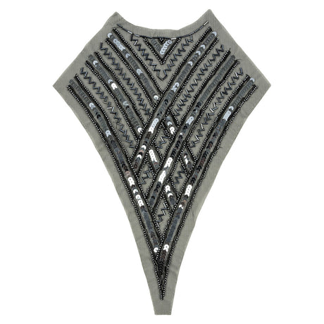 Vintage Black and Gunmetal Sequins and Zig-Zag Bugle Beaded Sheer Panel Applique - 13.5" x 9.375"