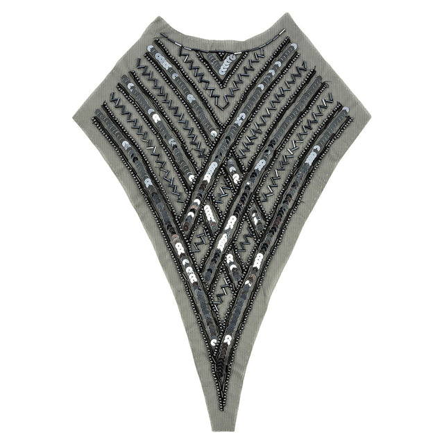 Vintage Black and Gunmetal Sequins and Zig-Zag Bugle Beaded Sheer Panel Applique - 13.5" x 9.375"