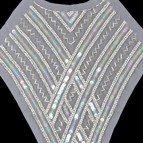 Vintage Translucent Multicolored Sequins and Silver-lined Zig-Zag Bugle Beaded Sheer Panel Applique - 13.5" x 9.375"