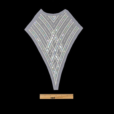 Vintage Translucent Multicolored Sequins and Silver-lined Zig-Zag Bugle Beaded Sheer Panel Applique - 13.5" x 9.375"