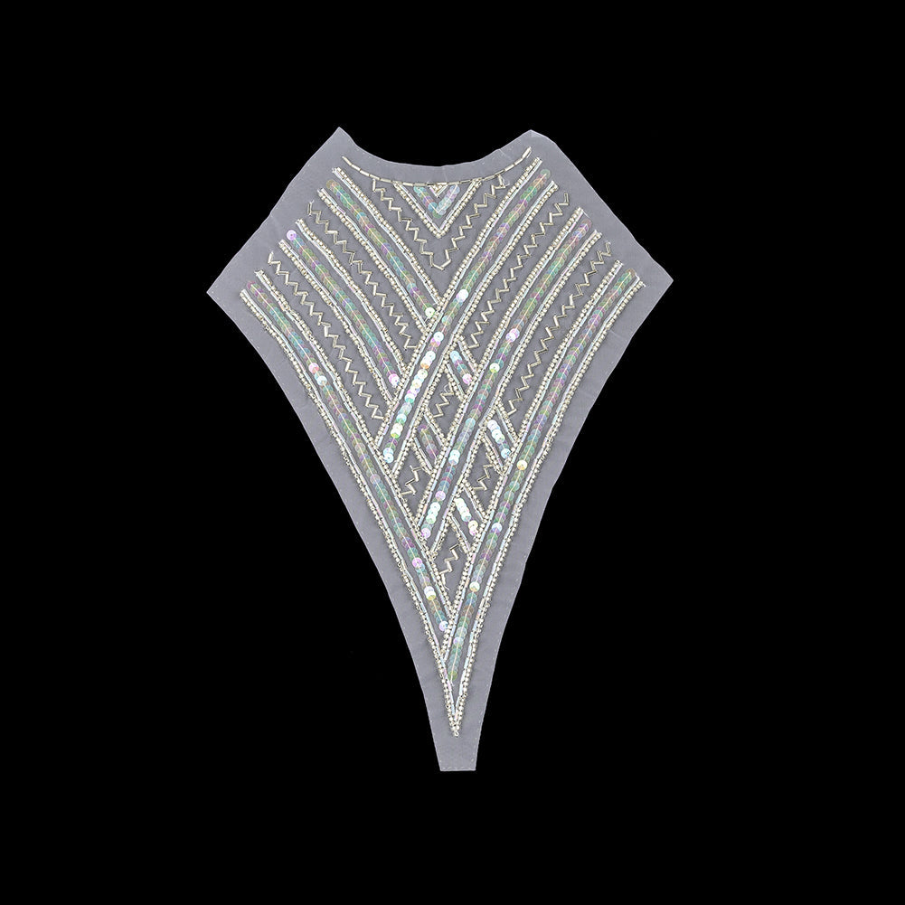 Vintage Translucent Multicolored Sequins and Silver-lined Zig-Zag Bugle Beaded Sheer Panel Applique - 13.5" x 9.375"