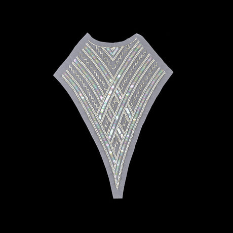 Vintage Translucent Multicolored Sequins and Silver-lined Zig-Zag Bugle Beaded Sheer Panel Applique - 13.5" x 9.375"