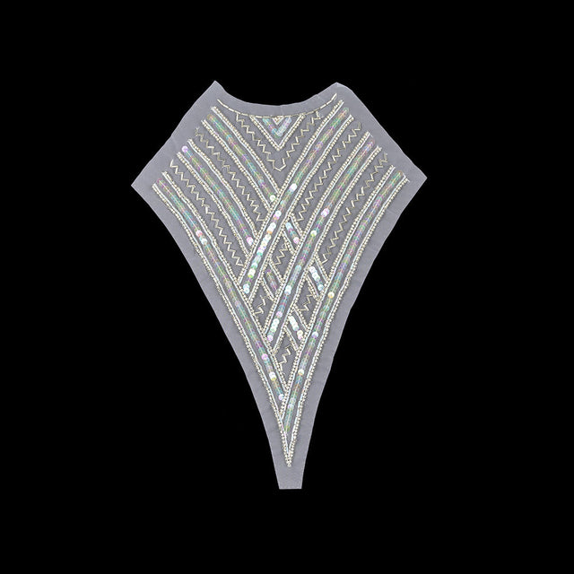 Vintage Translucent Multicolored Sequins and Silver-lined Zig-Zag Bugle Beaded Sheer Panel Applique - 13.5" x 9.375"