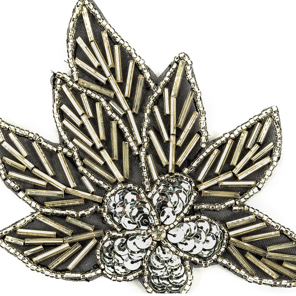 Vintage Silver Sequins and Silver-lined Bugle Beaded Floral Applique with Rhinestone Center - 4" x 4.375"