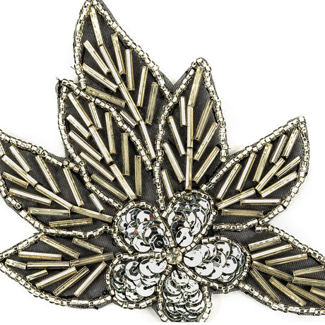 Vintage Silver Sequins and Silver-lined Bugle Beaded Floral Applique with Rhinestone Center - 4" x 4.375"