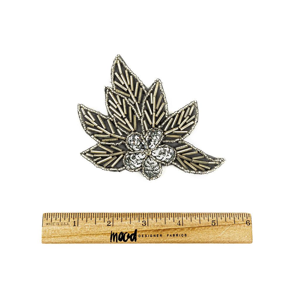 Vintage Silver Sequins and Silver-lined Bugle Beaded Floral Applique with Rhinestone Center - 4" x 4.375"