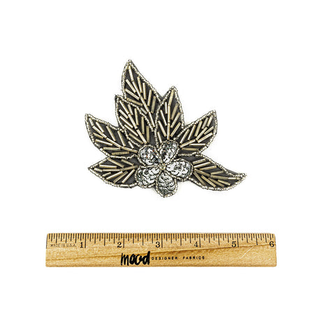 Vintage Silver Sequins and Silver-lined Bugle Beaded Floral Applique with Rhinestone Center - 4" x 4.375"