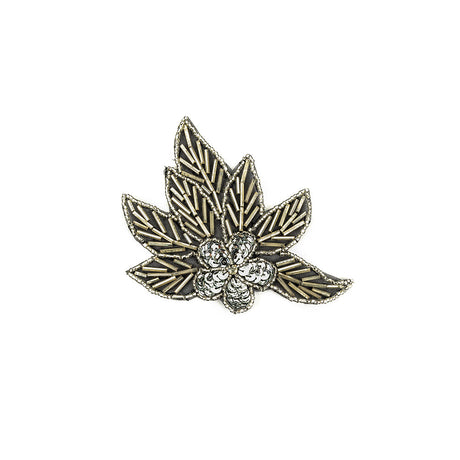 Vintage Silver Sequins and Silver-lined Bugle Beaded Floral Applique with Rhinestone Center - 4" x 4.375"
