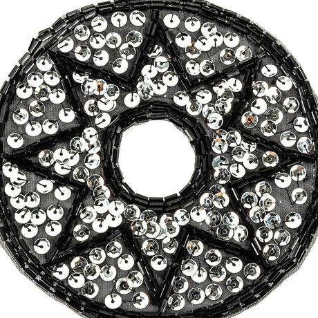 Vintage Black Bugle Beads and Silver Sequins Circular Star Applique - 4.375" x 4.375"