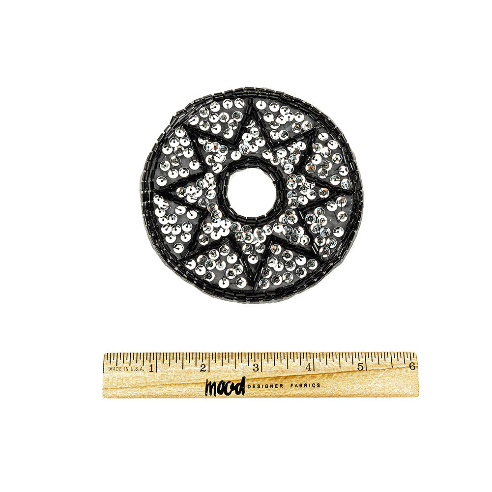 Vintage Black Bugle Beads and Silver Sequins Circular Star Applique - 4.375" x 4.375"