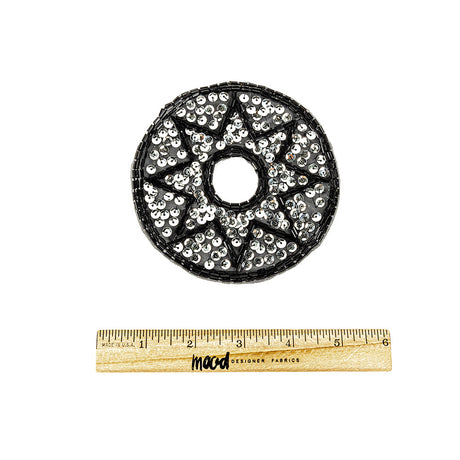 Vintage Black Bugle Beads and Silver Sequins Circular Star Applique - 4.375" x 4.375"