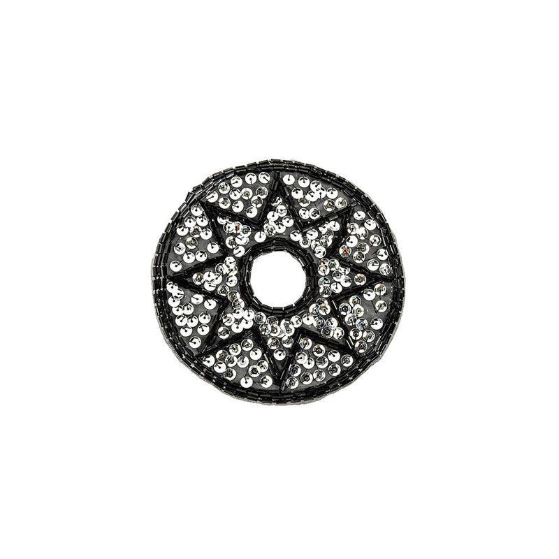 Vintage Black Bugle Beads and Silver Sequins Circular Star Applique - 4.375" x 4.375"