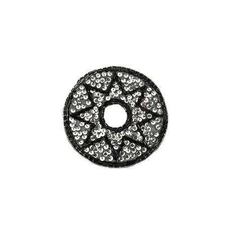 Vintage Black Bugle Beads and Silver Sequins Circular Star Applique - 4.375" x 4.375"