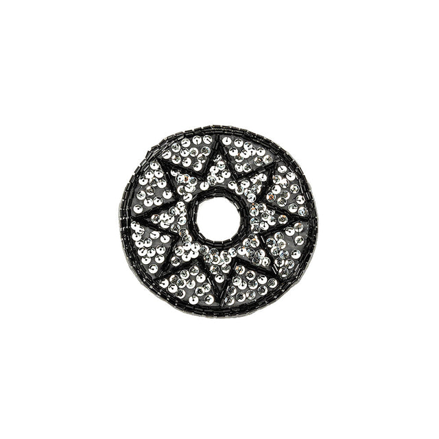 Vintage Black Bugle Beads and Silver Sequins Circular Star Applique - 4.375" x 4.375"