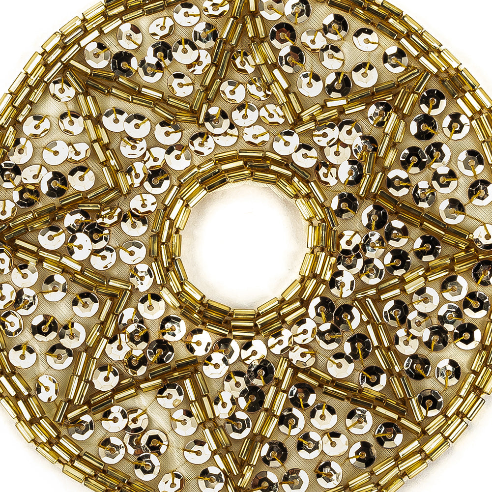 Vintage Gold-lined Bugle Beads and White Gold Sequins Circular Star Applique - 4.375" x 4.375"