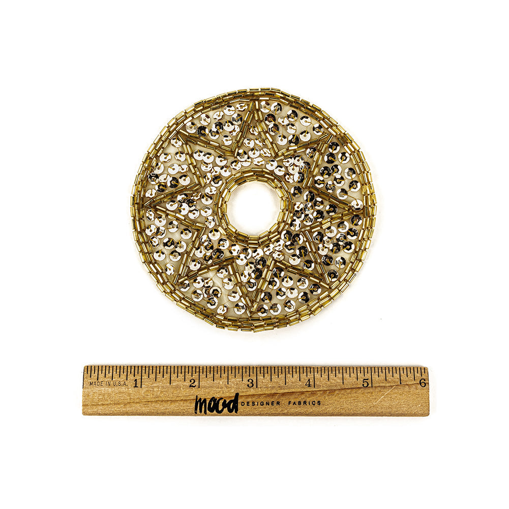 Vintage Gold-lined Bugle Beads and White Gold Sequins Circular Star Applique - 4.375" x 4.375"