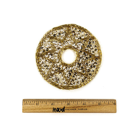Vintage Gold-lined Bugle Beads and White Gold Sequins Circular Star Applique - 4.375" x 4.375"