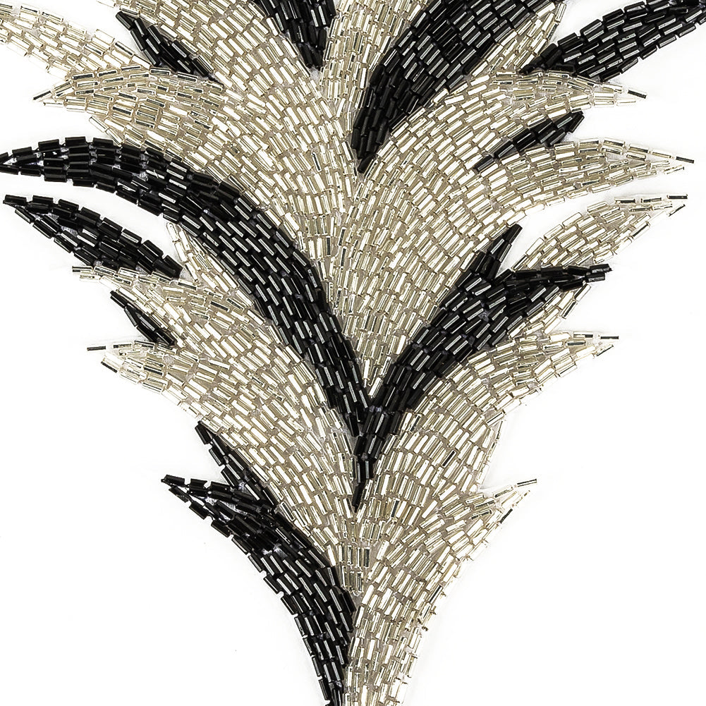 Vintage Black and Silver Bugle Beaded Large Foliage Applique - 9.625" x 8"