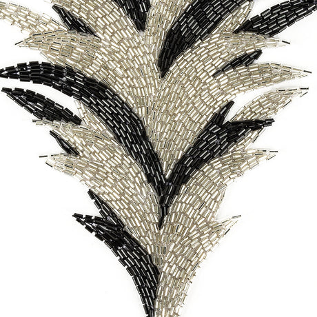 Vintage Black and Silver Bugle Beaded Large Foliage Applique - 9.625" x 8"
