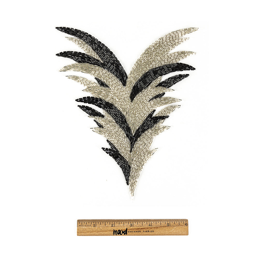 Vintage Black and Silver Bugle Beaded Large Foliage Applique - 9.625" x 8"