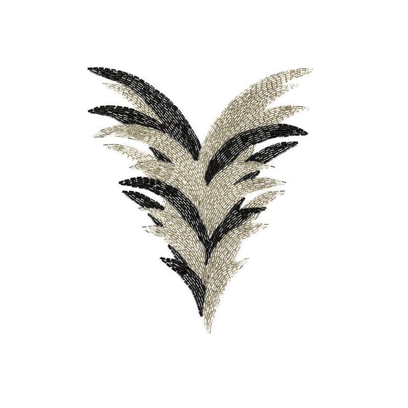 Vintage Black and Silver Bugle Beaded Large Foliage Applique - 9.625" x 8"