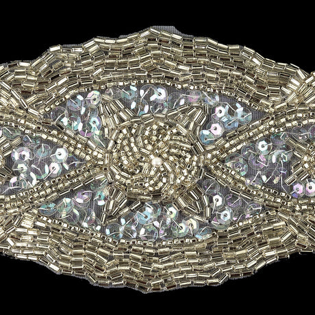 Vintage Fancy White Iris Sequins and Silver-lined Bugle Beaded Applique - 3" x 6.5"