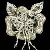 Vintage White Iris and Pearl, Silver Sequins and Beaded 3D Floral Applique with Crystal Bead Center - 6.625" x 4.25"