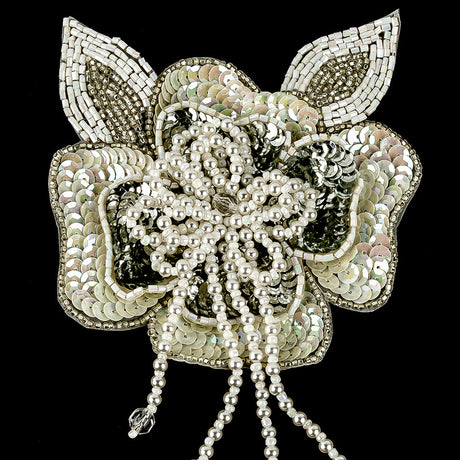 Vintage White Iris and Pearl, Silver Sequins and Beaded 3D Floral Applique with Crystal Bead Center - 6.625" x 4.25"