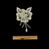 Vintage White Iris and Pearl, Silver Sequins and Beaded 3D Floral Applique with Crystal Bead Center - 6.625" x 4.25"