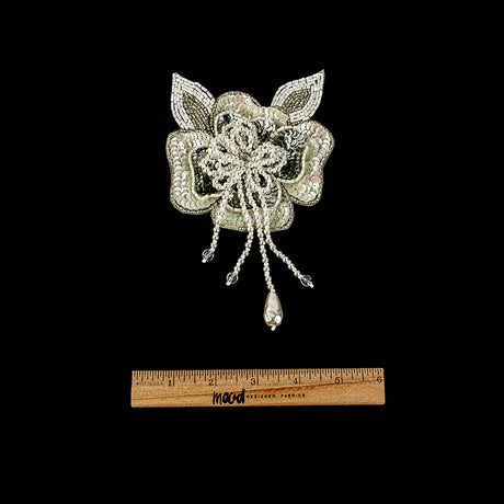 Vintage White Iris and Pearl, Silver Sequins and Beaded 3D Floral Applique with Crystal Bead Center - 6.625" x 4.25"