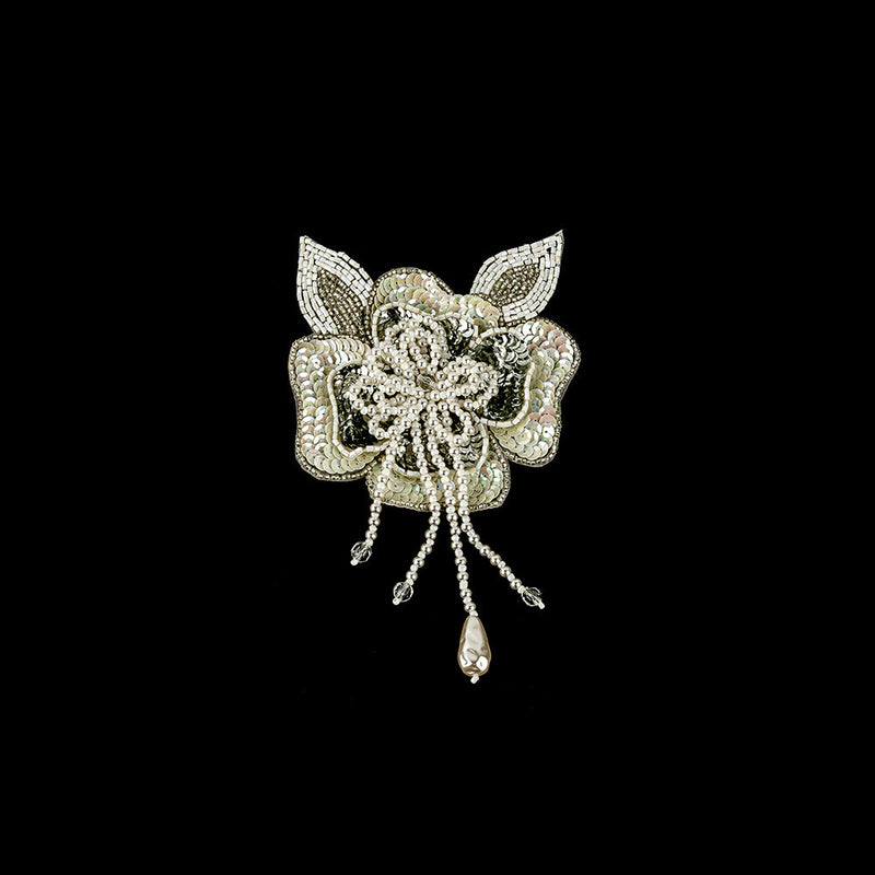 Vintage White Iris and Pearl, Silver Sequins and Beaded 3D Floral Applique with Crystal Bead Center - 6.625" x 4.25"