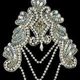 Vintage Pearl and White Iris Beaded and Sequins Applique with Crystal Rhinestone Center - 8.25" x 4.875"