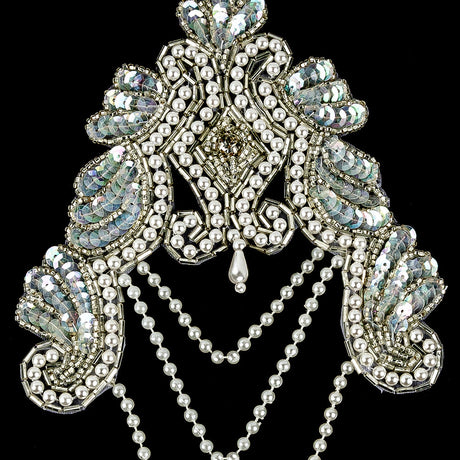 Vintage Pearl and White Iris Beaded and Sequins Applique with Crystal Rhinestone Center - 8.25" x 4.875"