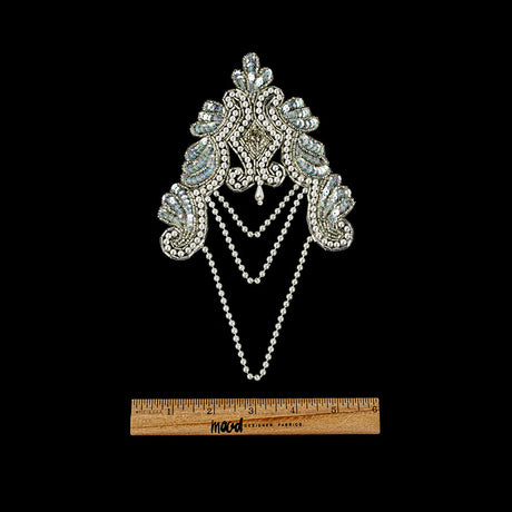 Vintage Pearl and White Iris Beaded and Sequins Applique with Crystal Rhinestone Center - 8.25" x 4.875"