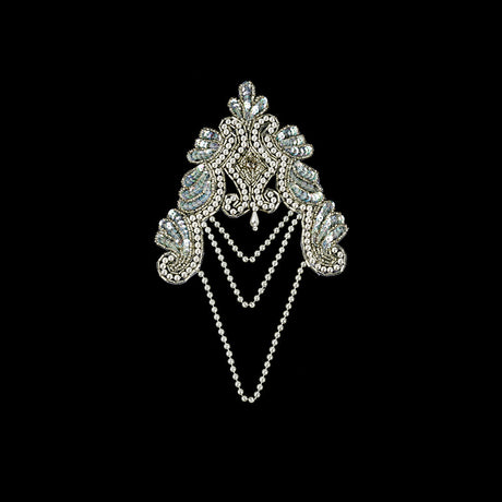 Vintage Pearl and White Iris Beaded and Sequins Applique with Crystal Rhinestone Center - 8.25" x 4.875"