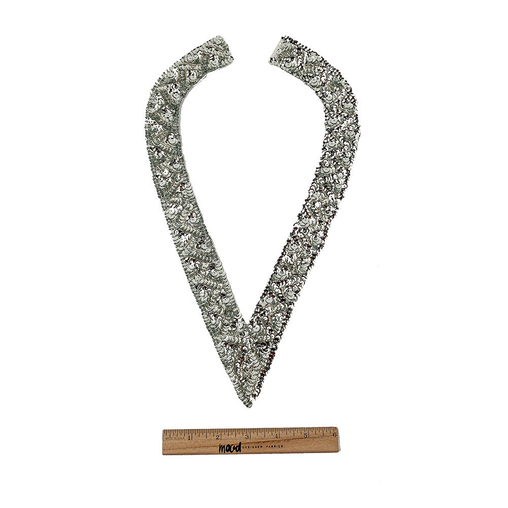 Vintage Silver Sequins and Beaded Pointy Collar Applique - 15" x 8"