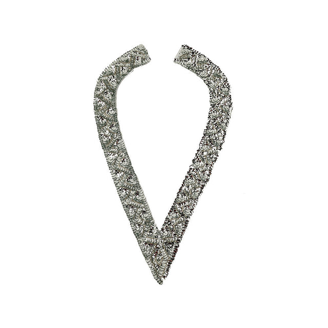 Vintage Silver Sequins and Beaded Pointy Collar Applique - 15" x 8"