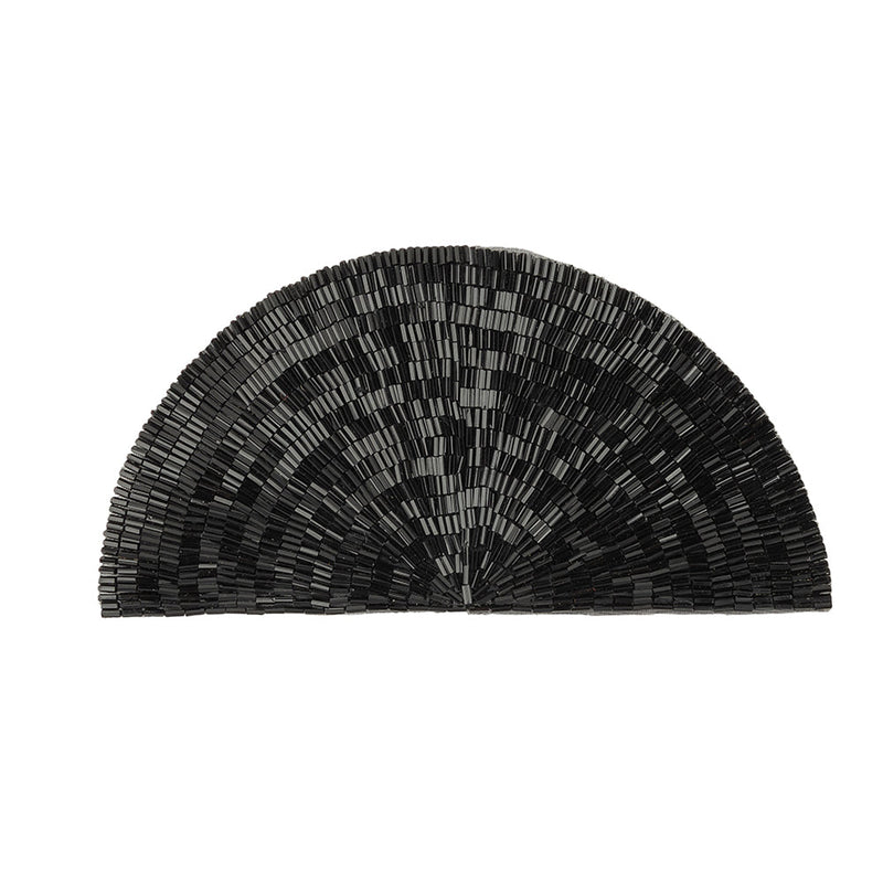 Vintage Black Bugle Beaded Domed Fan Applique - 3.5" x 6.875"