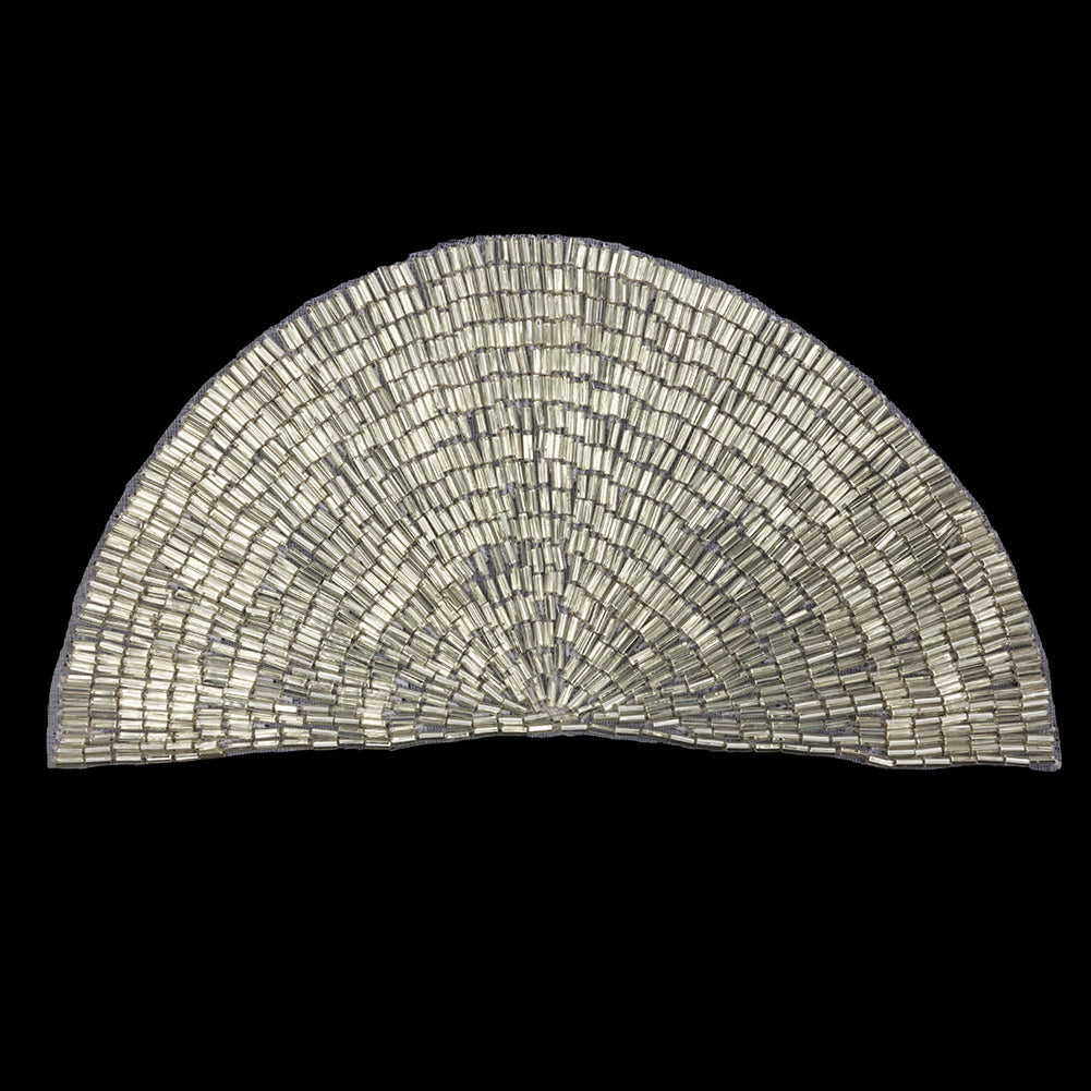 Vintage Silver Lined Bugle Beaded Half Circle Applique - 3.5" x 6.875"