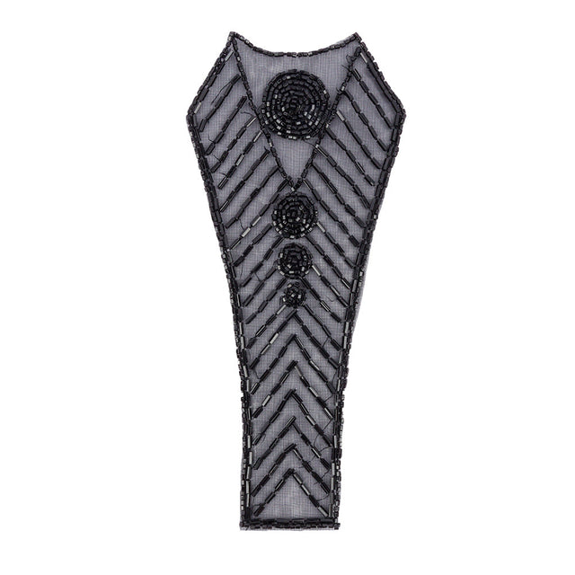 Vintage Black Bugle and Chop Beaded Abstract Applique - 7.25" x 3.25"