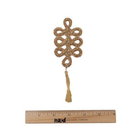 Vintage Gold Lurex Bullion Stitch Knot Applique with Tassel - 5.75" x 2"