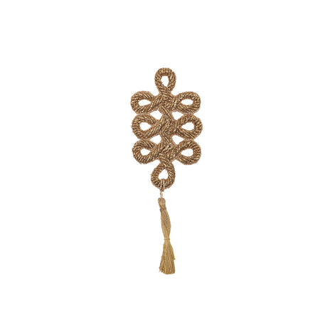 Vintage Gold Lurex Bullion Stitch Knot Applique with Tassel - 5.75" x 2"